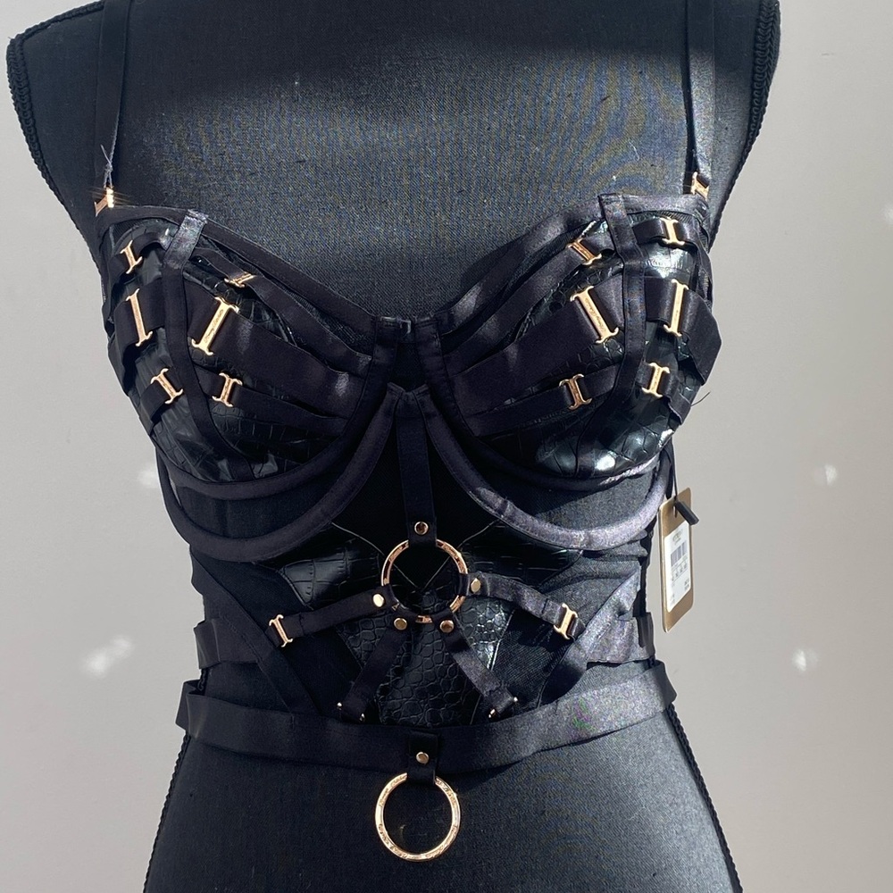 Honey Birdette Mistress T wire free bra and corset black NWT